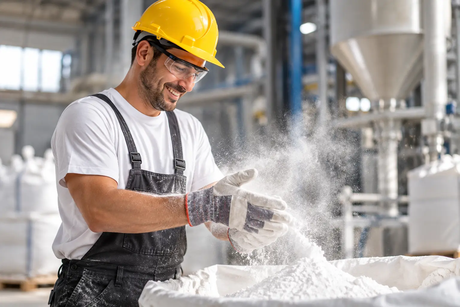 A worker in a hard hat handling fine white zinc oxide powder at the plant