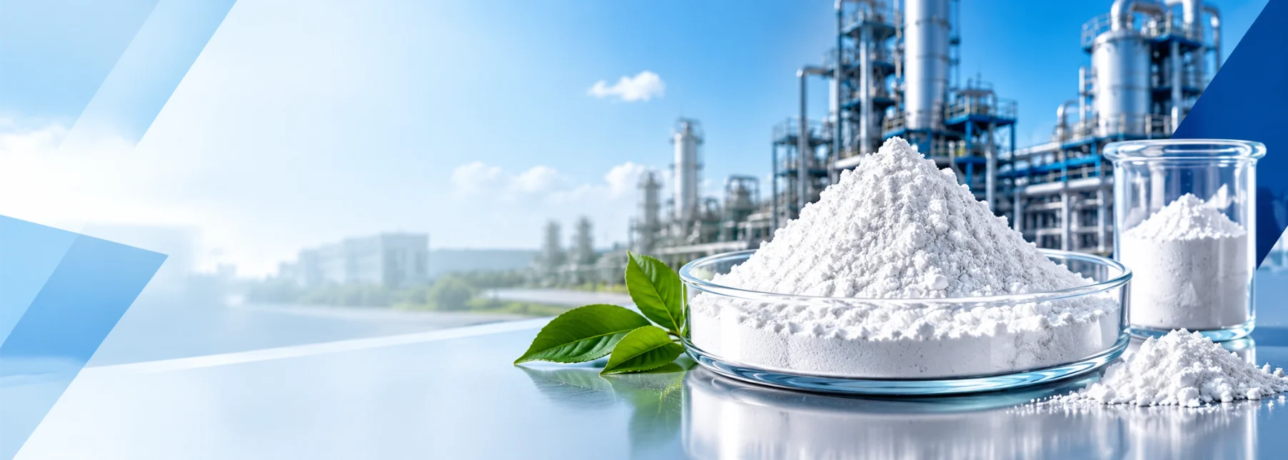 Zinc oxide powder in glass dishes in front of a chemical plant